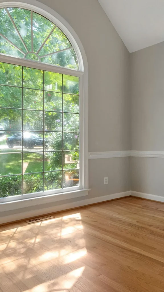 Ein Fenster in einem Wohnzimmer, in dem die Sonne reinschiebt.