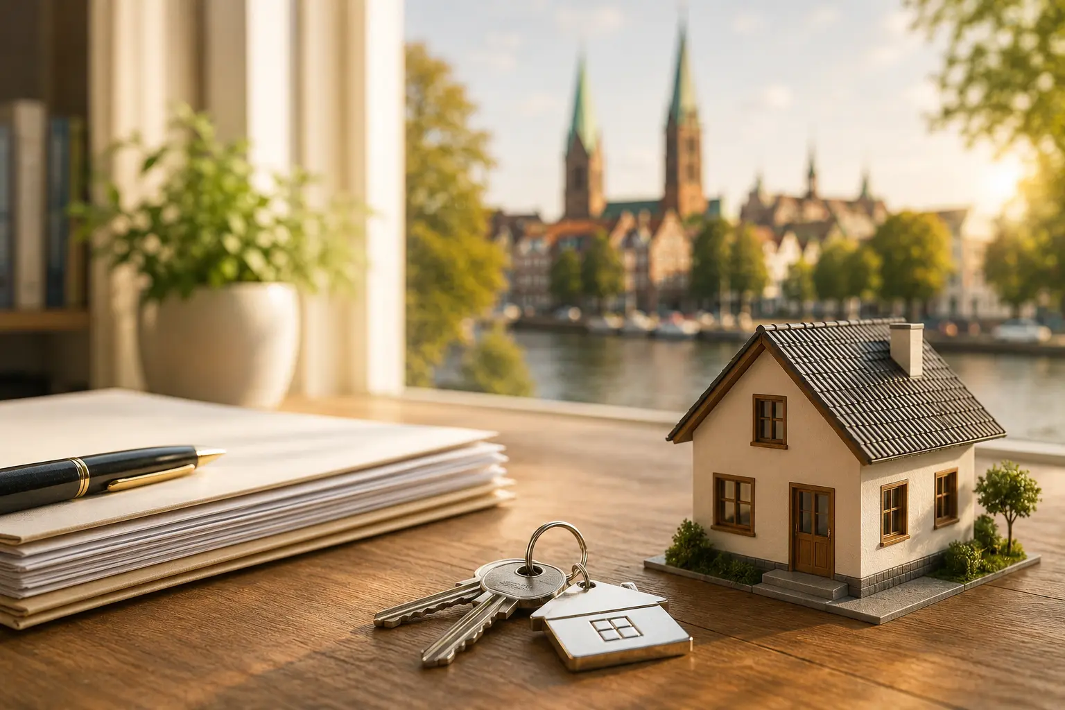 Schlüssel und kleines Haus auf einem Tisch mir einem Vertrag